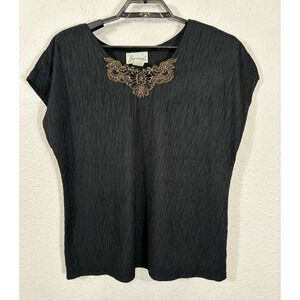 Vintage 80s Joanna Top Size L Textured Black Gold Accents Polyester Short Sleeve